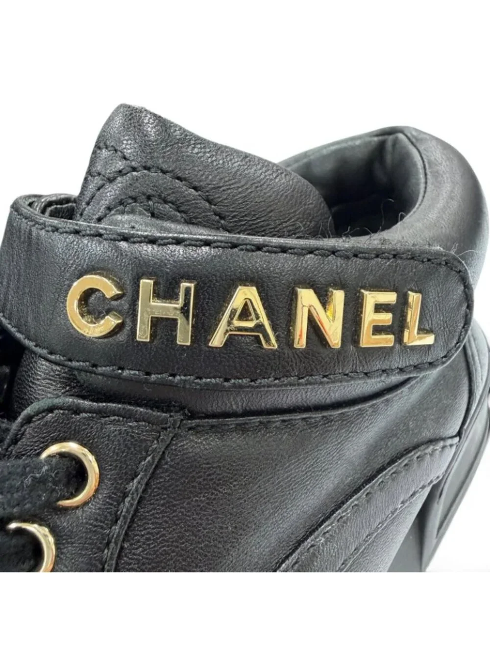 Chanel CC Logo Velcro Lace-up Leather Middle High Top Sneakers Black